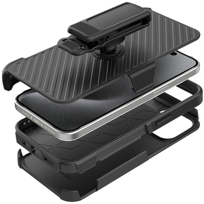 For Apple iPhone 16 Pro Max (6.9") Premium Design Hybrid lined with Belt Clip Holster Shockproof Rugged Textured 2in1 Non Slip Tough Case Cover Black