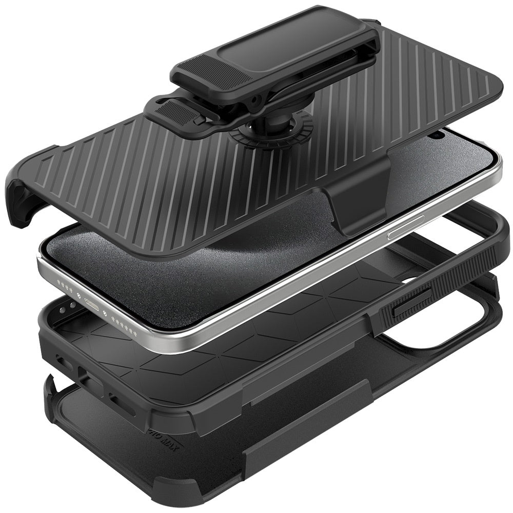 For Apple iPhone 16 Pro Max (6.9") Premium Design Hybrid lined with Belt Clip Holster Shockproof Rugged Textured 2in1 Non Slip Tough Case Cover Gray