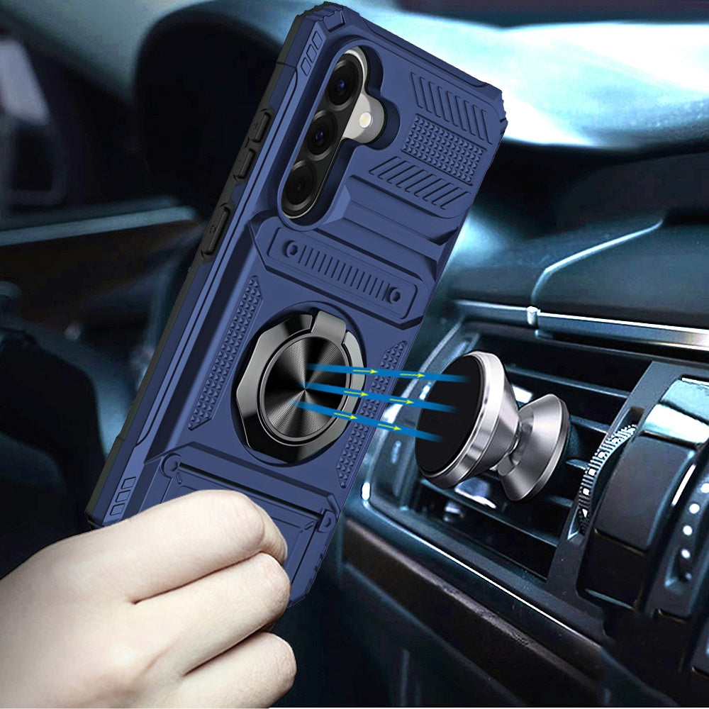 Phone Case for Samsung Galaxy A57 Multi Functional Card Slot Shockproof Metal Ring Hybrid Wallet Rugged Protective Grip Heavy Duty Durable Cover Blue