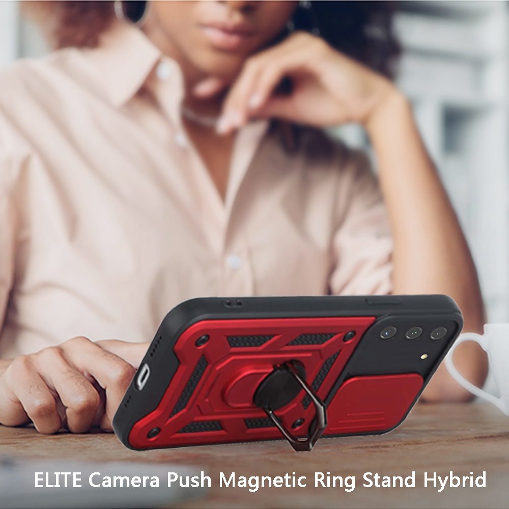 For Samsung Galaxy S21 Hybrid Case with Slide Camera Lens Cover, Ring Kickstand, Heavy-Duty Dual Layer TPU, Fit Magnet Car Mount Case Cover Red