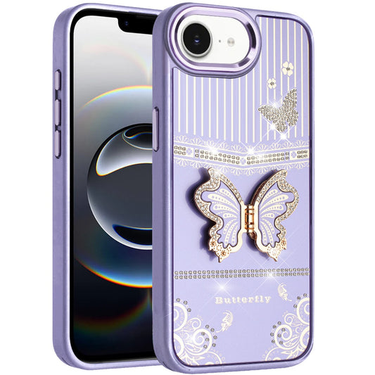 For Apple iPhone 17E /16E Glitter 3D Butterfly Design Bling Metallic Edge Hybrid Stand Drop Protection TPU Shockproof Case Cover Dark Purple