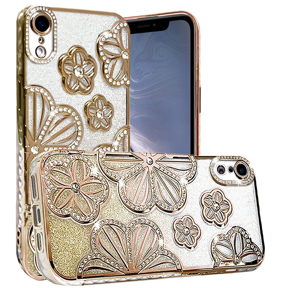 For iPhone XR Luxury Flower Design Sparkle Glitter Diamond Rhinestone Shimmer Bling Plating Thick TPU Hard PC Case Cover