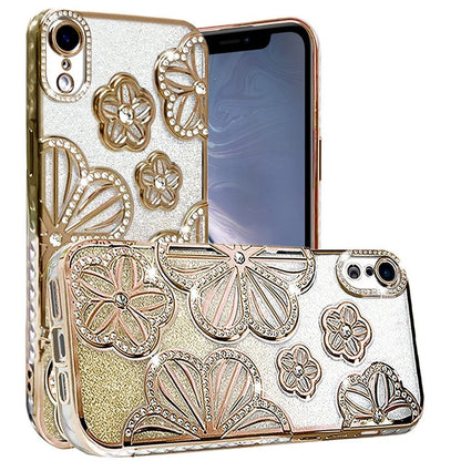 For iPhone XR Luxury Flower Design Sparkle Glitter Diamond Rhinestone Shimmer Bling Plating Thick TPU Hard PC Case Cover
