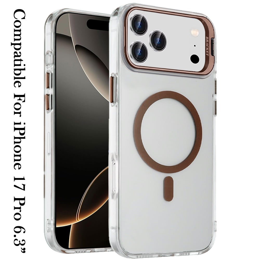 For Apple iPhone 17 Pro (6.3") Magnetic Back MagSafe Compatible Transparent Hybrid Drop Protection with Metallic Camera Stand Case Cover