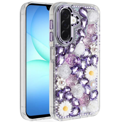 For Samsung Galaxy A17 5G Fashion Daisy Floral Series, Full 3D Bling Crystal Diamonds Sparkling Rhinestone Glitter Hybrid Design Case Cover White