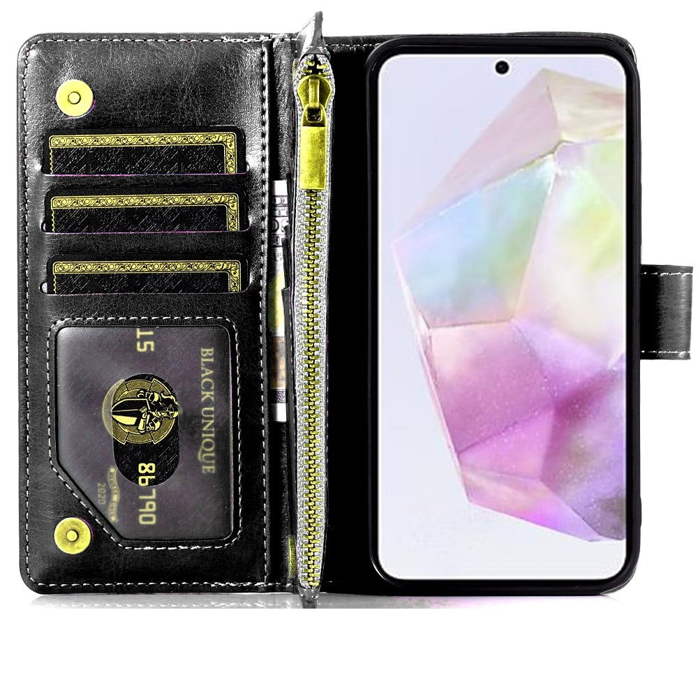 For Google Pixel 9A Luxury Leather Zipper Wallet Case 9 Credit Card Slots Cash Money Pocket Clutch Pouch with Stand & Strap Case Cover Black