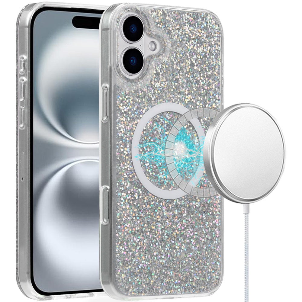 For Apple iPhone 16 (6.1") Premium Transparent Epoxy Glitter Bling Magnetic Circle Compatible with MagSafe Hybrid Sparkle Slim TPU Case Cover