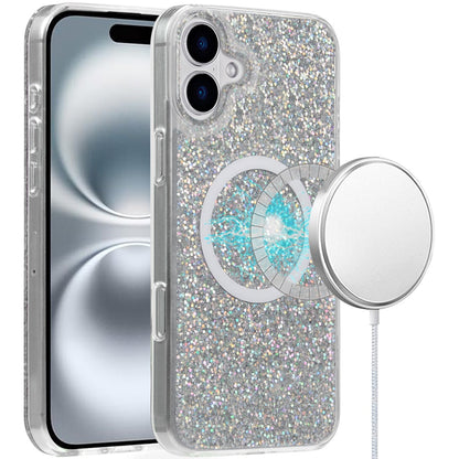 For Apple iPhone 16 (6.1") Premium Transparent Epoxy Glitter Bling Magnetic Circle Compatible with MagSafe Hybrid Sparkle Slim TPU Case Cover