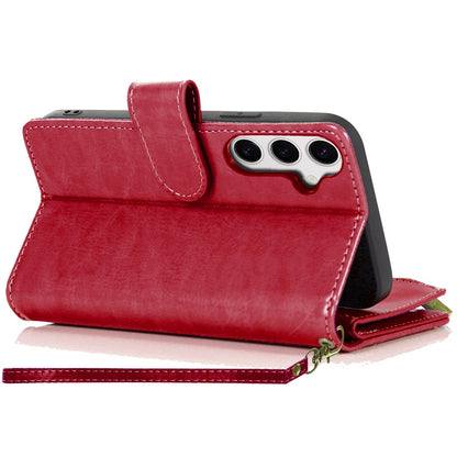 Phone Case for Samsung Galaxy S25 FE /S25 Fan Edition Luxury Leather Wallet Card Holder Zipper Pocket Money Storage Protective Grip Design with Strap Cover Red