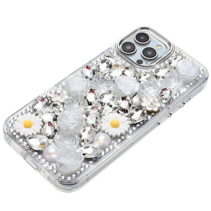For Samsung Galaxy S25 Fan Edition /Galaxy S25 FE Fashion Daisy Floral Series, Full 3D Bling Crystal Diamonds Sparkling Rhinestone Glitter Hybrid Design Case Cover