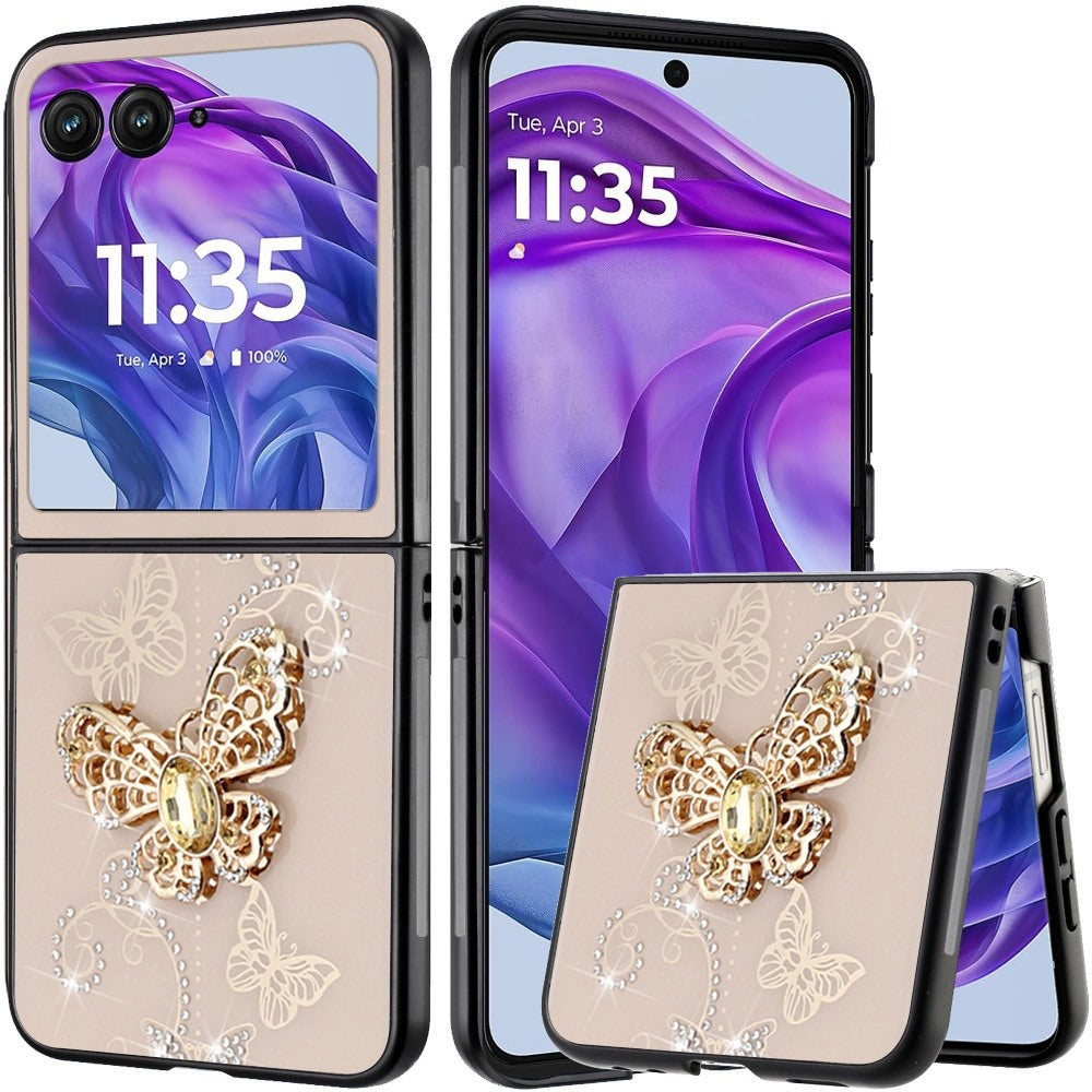 For Motorola Razr+ PLUS (2025) Diamonds 3D Fashion Bling Sparkly Glitter Ornaments Engraving Hybrid with Ring Stand Case Cover