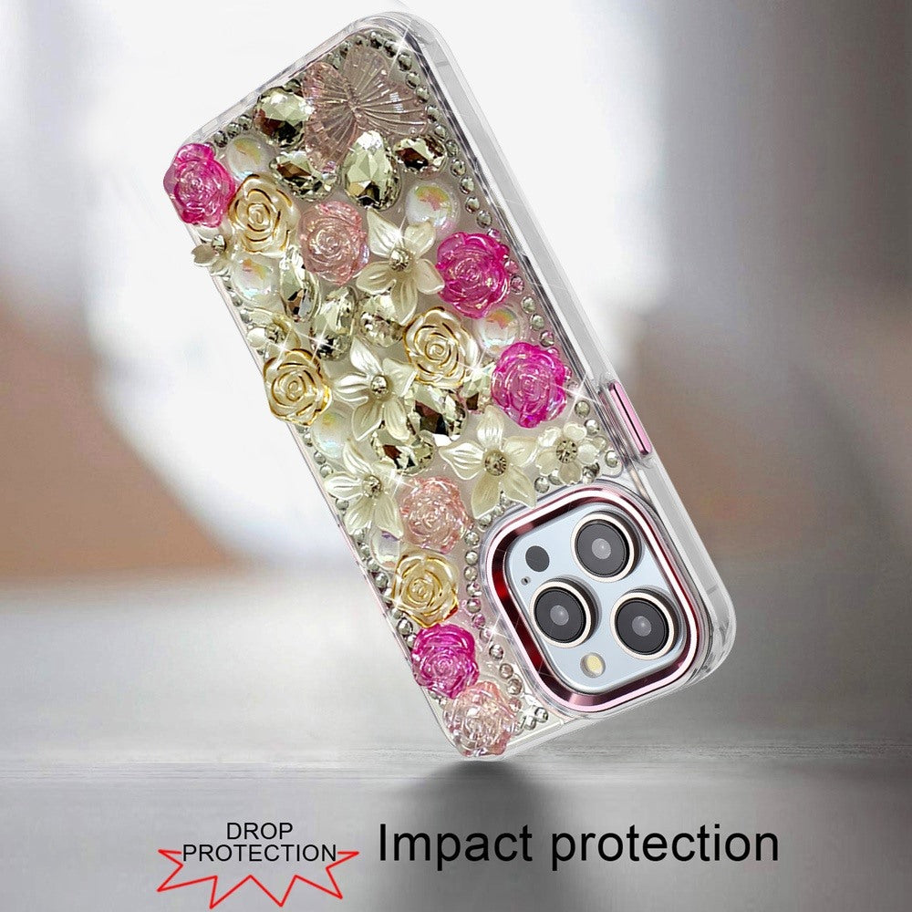 Phone Case for iPhone 15 Pro (6.1") Luxury Rose Bling Rhinestone Glitter Floral Hybrid Shockproof Stylish Protective Designer Ornament Sparkle Cover Pink