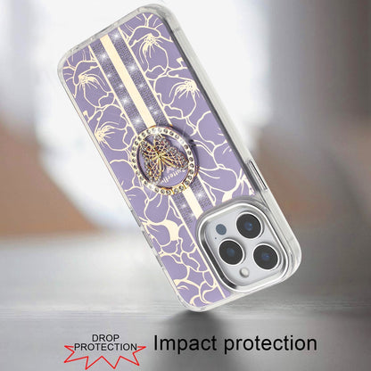 For Motorola Moto G 5G 2025 Diamonds 3D Butterfly Floral Design Bling Sparkly Glitter Hybrid Metal Fashion with Ring Stand Case Cover Purple