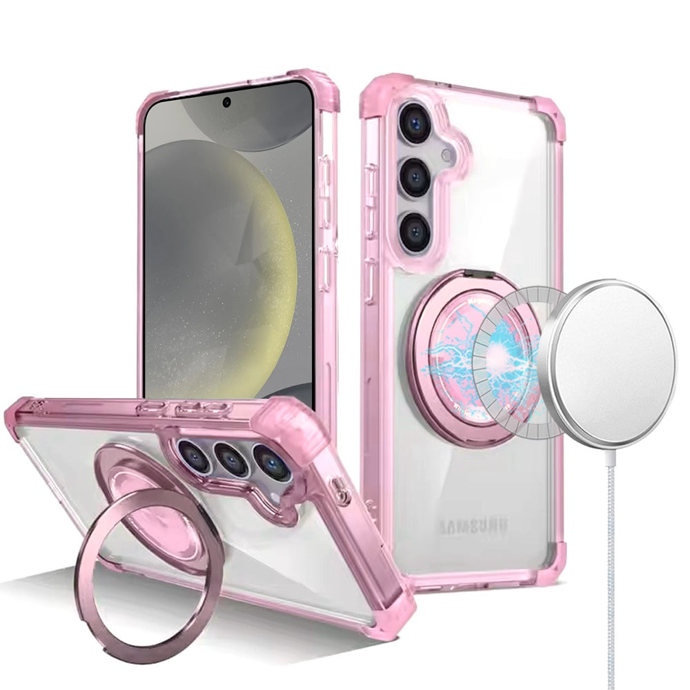 For Samsung Galaxy S25 /S24 Shield Magnetic Case [Compatible with MagSafe], 360° Rotatable Invisible Ring Stand, Transparent Back Case Cover