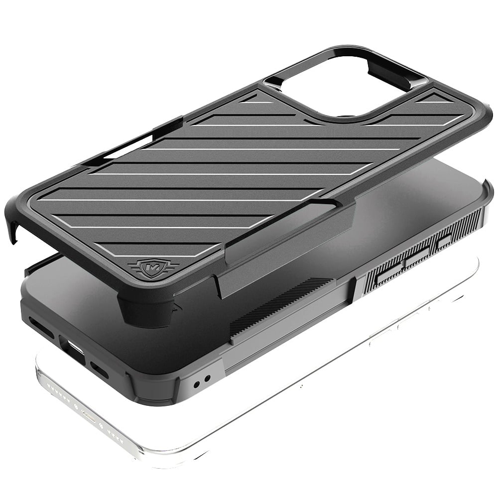 For Apple iPhone 16 Plus Hybrid lined shockproof dual layer Rugged 2in1 Hard PC & Silicone TPU Non Slip Textured Tough Armor Case Cover Black+Grey