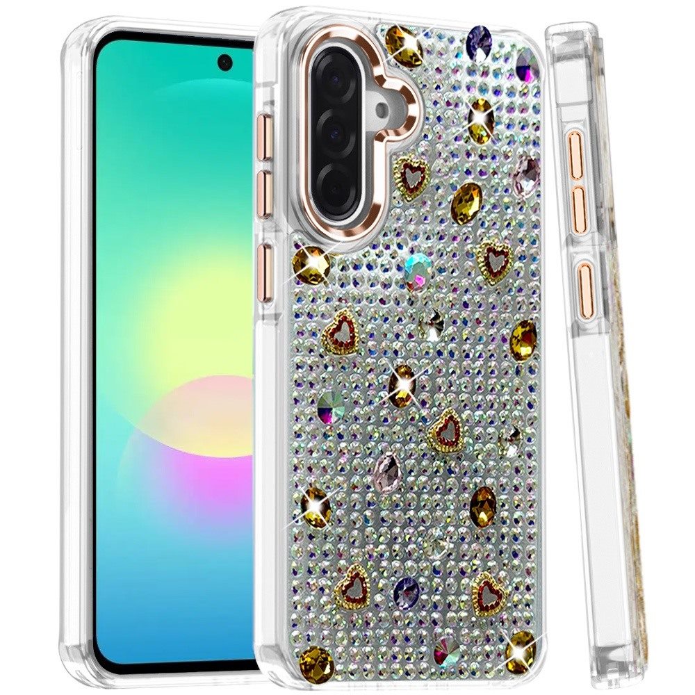 Phone Case for Samsung Galaxy A27 Chrome Fashion Hybrid Bling Diamond Heart Rhinestone Decorative Stones Sparkling Embellished Design Cover