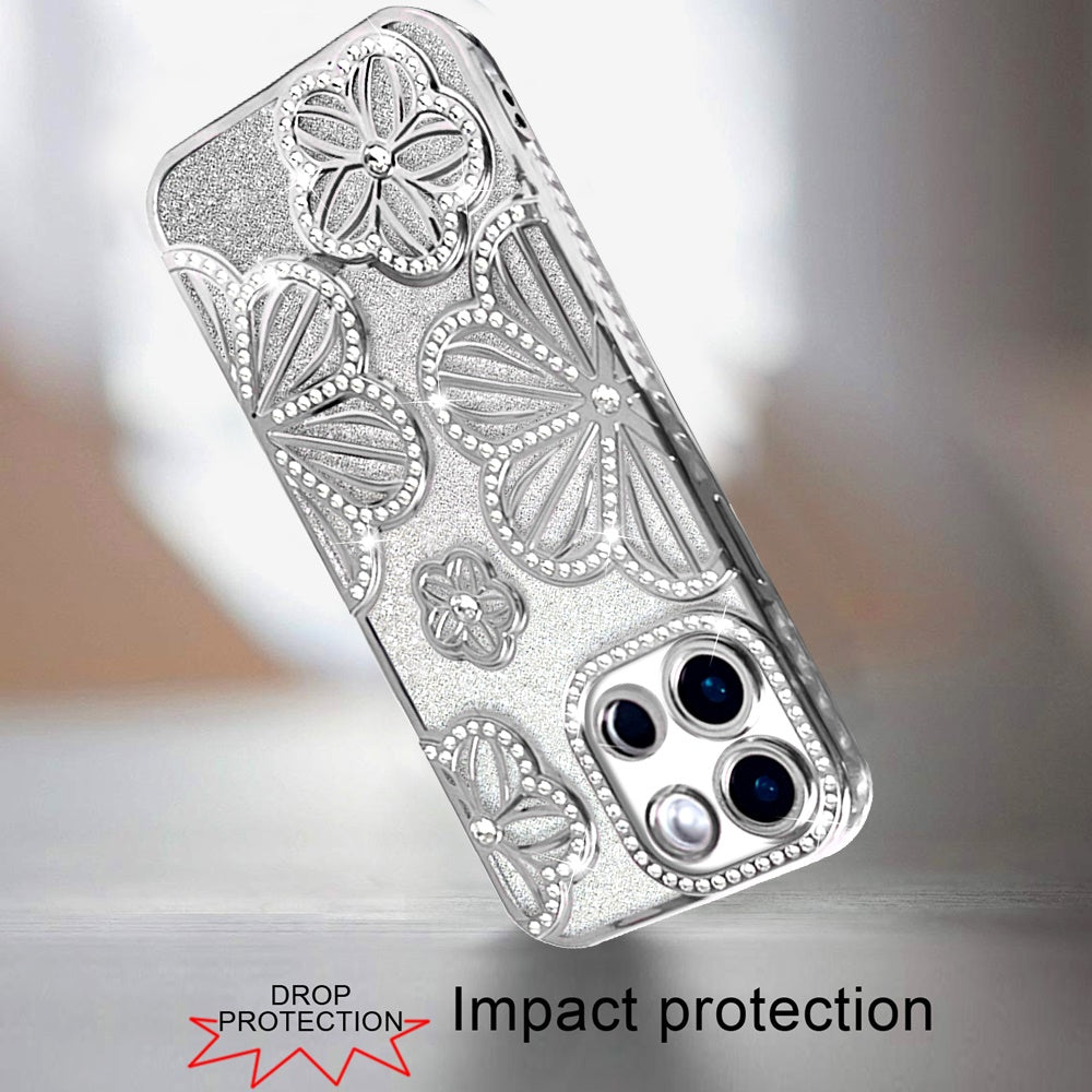 Luxury Flower Design Sparkle Glitter Diamond Rhinestone Shimmer Bling Plating Thick TPU Hard PC