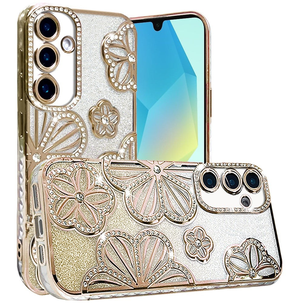 For Samsung Galaxy S24 Fan Edition /Galaxy S24 FE Luxury Flower Design Sparkle Glitter Diamond Rhinestone Shimmer Bling Plating Thick TPU Hard PC Case Cover