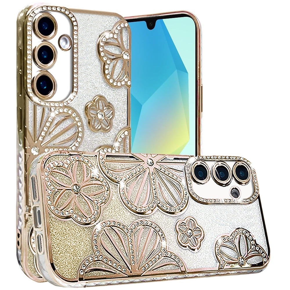 For Samsung Galaxy A16 5G Luxury Flower Design Sparkle Glitter Diamond Rhinestone Shimmer Bling Plating Thick TPU Hard PC Case Cover Gold