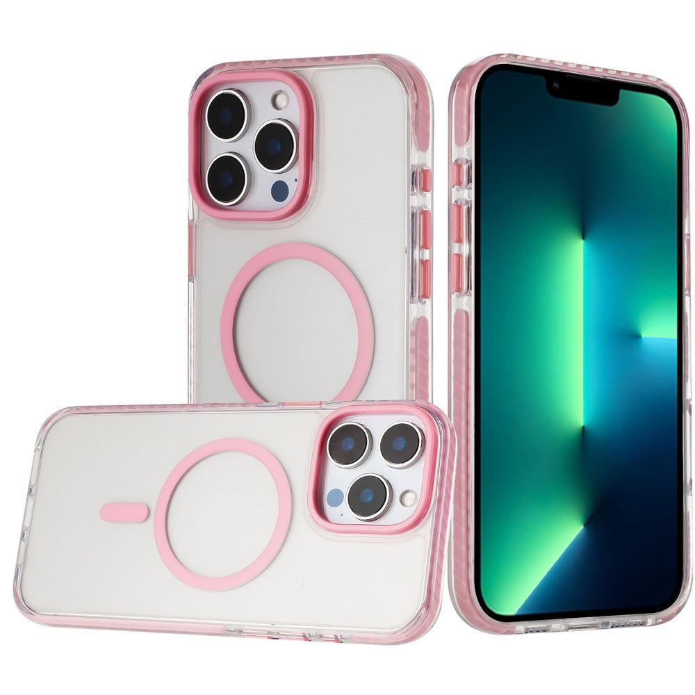 For Apple iPhone 13 Pro Max Transparent Hybrid with Color-Matched Magnetic Circle, Rubber TPU Frame Hard PC Shockproof Case Cover