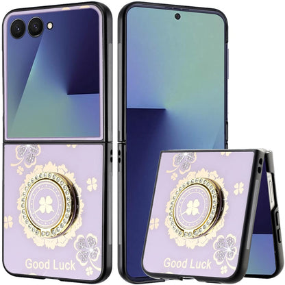 For Samsung Galaxy Z Flip 7 Diamonds 3D Fashion Bling Sparkly Glitter Ornaments Engraving Hybrid with Ring Stand Case Cover