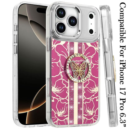 For Apple iPhone 17 Pro (6.3") Diamonds 3D Butterfly Floral Design Bling Sparkly Glitter Hybrid Metal Fashion with Ring Stand Case Cover