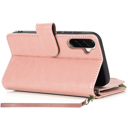Phone Case for Samsung Galaxy A57 Luxury Leather Wallet Card Holder Zipper Pocket Money Storage Protective Grip Design with Strap Cover Pink