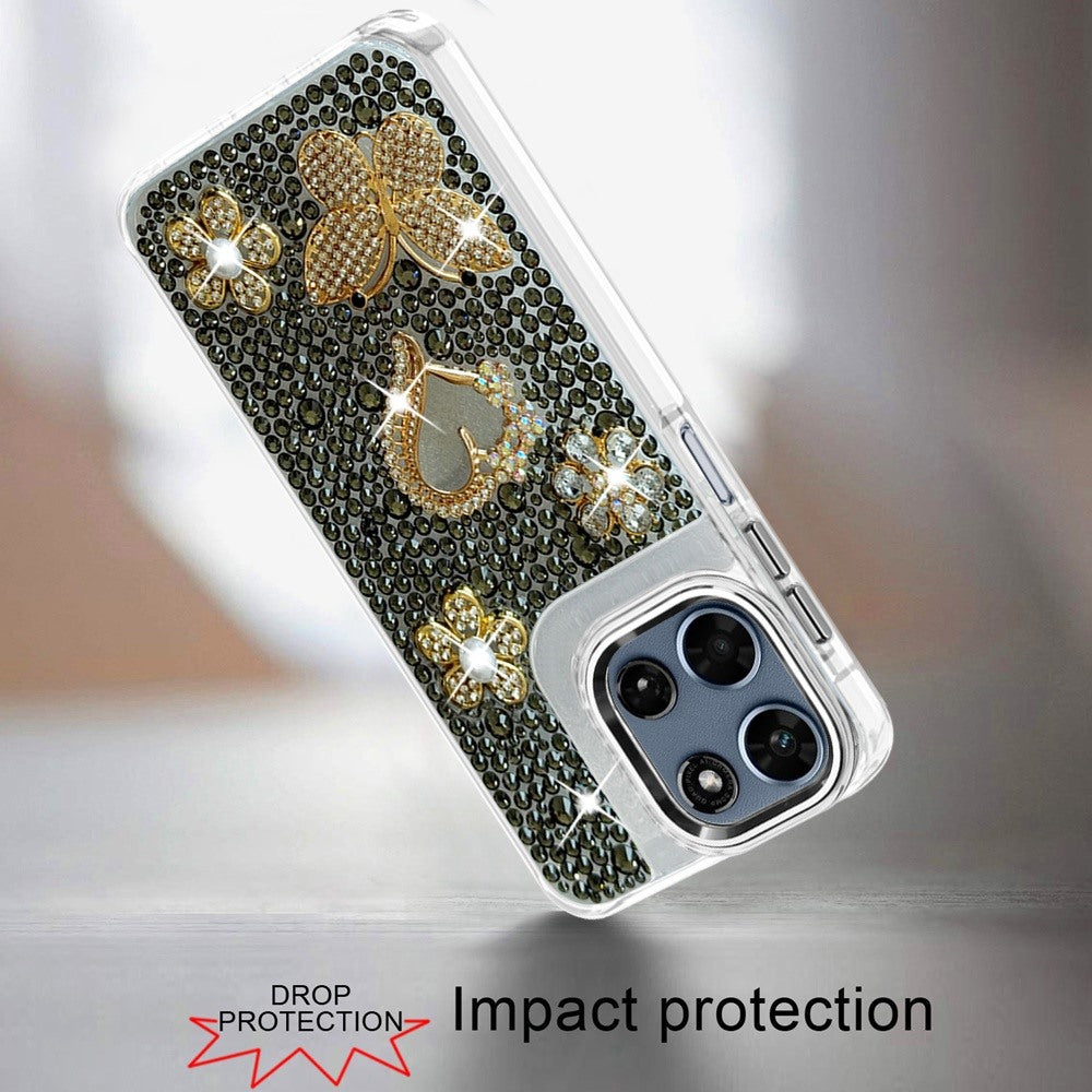 Phone Case for Motorola Moto G Play 5G 2026 Luxury Crystal Butterfly Floral Jeweled Heart Full Diamond Design, Sparkling Decorative Details, Elegant Style Cover Black