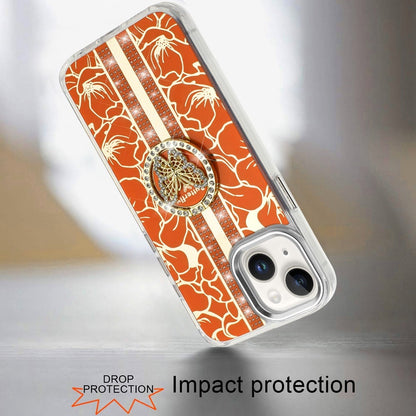 For iPhone 15 Plus (6.7") Diamonds 3D Butterfly Floral Design Bling Sparkly Glitter Hybrid Metal Fashion with Ring Stand Case Cover Cosmic Orange
