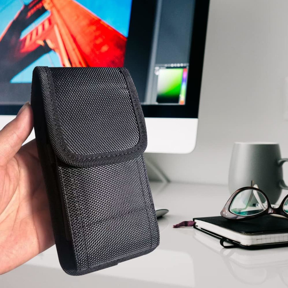 For Apple iPhone 16 Plus (6.7") Vertical Nylon Canvas Holster Universal Cell Phone Pouch Velcro Closure with Credit Card Slot & Belt Clip Loop Carabiner [Black]