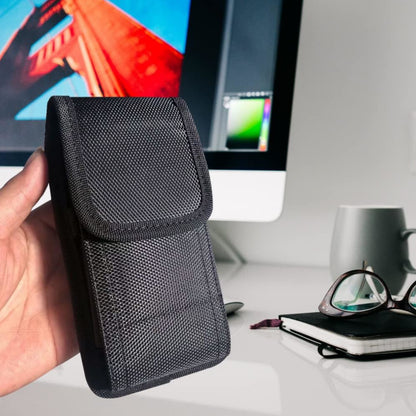 For Apple iPhone 16 Plus (6.7") Vertical Nylon Canvas Holster Universal Cell Phone Pouch Velcro Closure with Credit Card Slot & Belt Clip Loop Carabiner [Black]