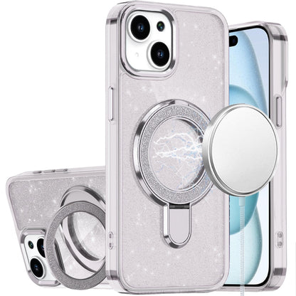 Phone Case for Apple iPhone 15 Plus Transparent Glitter Bling Magnetic Ring Stand Shockproof Anti Slip Rotating Grip Protective Hybrid Durable Armor Cover
