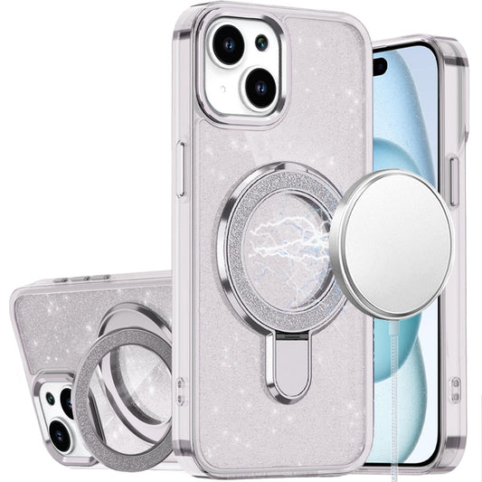Phone Case for Apple iPhone 15 Plus Transparent Glitter Bling Magnetic Ring Stand Shockproof Anti Slip Rotating Grip Protective Hybrid Durable Armor Cover