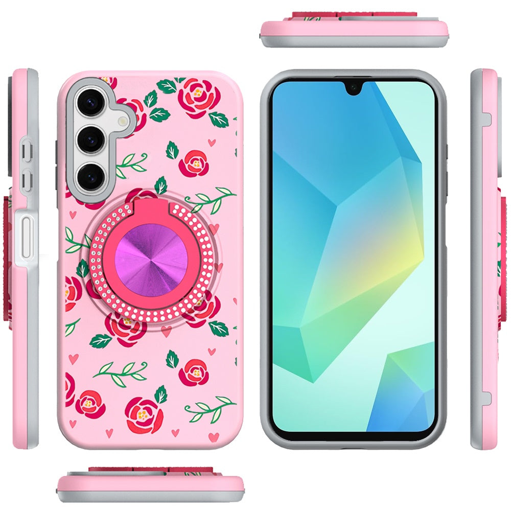 Phone Case for Samsung Galaxy A16 5G Magnetic Ring Stand Matte Metal Hybrid Car Mount Friendly Shockproof Rotational Grip Diamond Design Pattern Cover