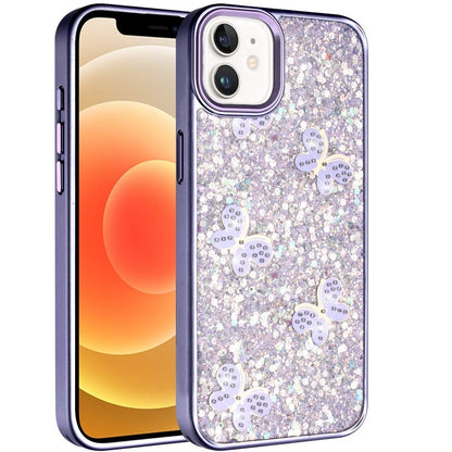 For iPhone 12 / iPhone 12 Pro (6.1") Cute Butterfly Crystal Diamond Glitter Case Sparkle Bling Frame Metallic Edges, Shimmer TPU Hybrid Case Cover