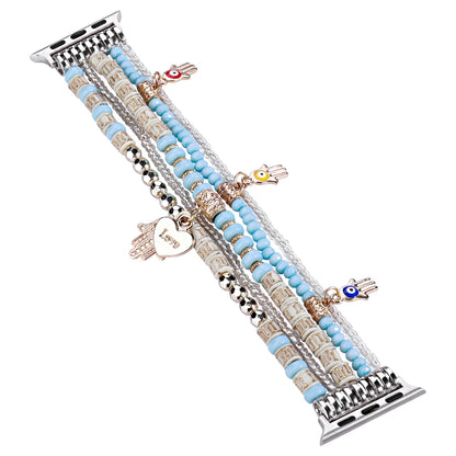Watch Band for Apple Watch 38/40/41mm, Series 1-8 & SE Beaded Stretch Bracelet Love Charm Pendant Elastic Comfortable Replacement Strap Blue
