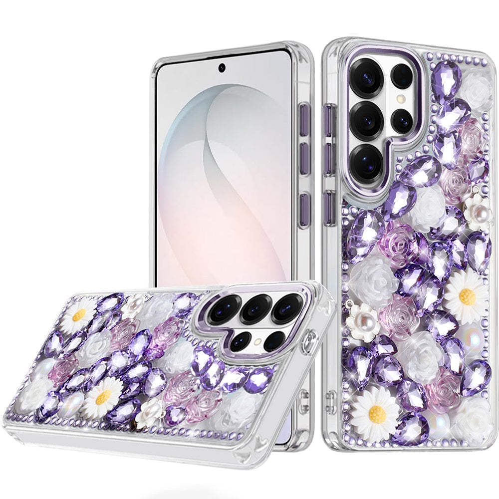 For Samsung Galaxy S26 Ultra Fashion Daisy Floral Series, Full 3D Bling Crystal Diamonds Sparkling Rhinestone Glitter Hybrid Design Case Cover