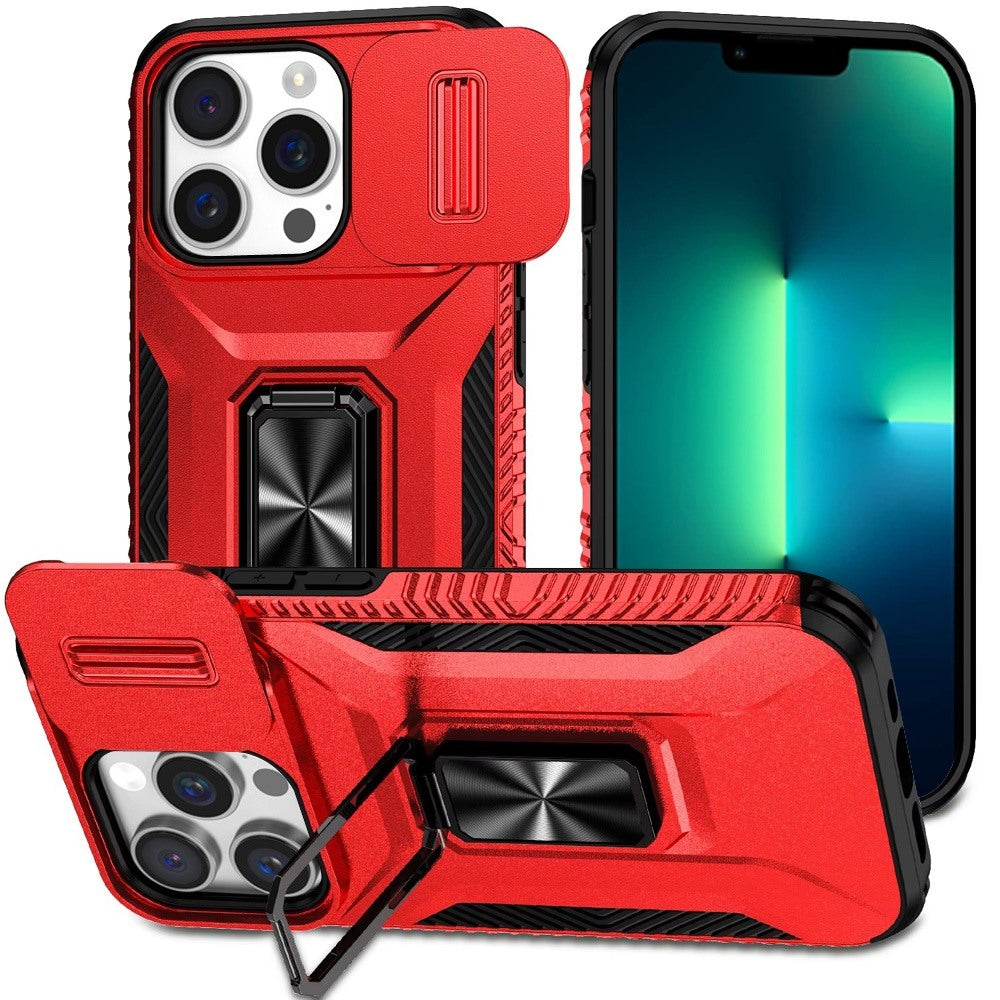 For Apple iPhone 13 Pro Max Case, Camera Cover with Magnetic Rotation Ring Stand, Military Grade Hybrid Hard TPU Shockproof Case Cover Red