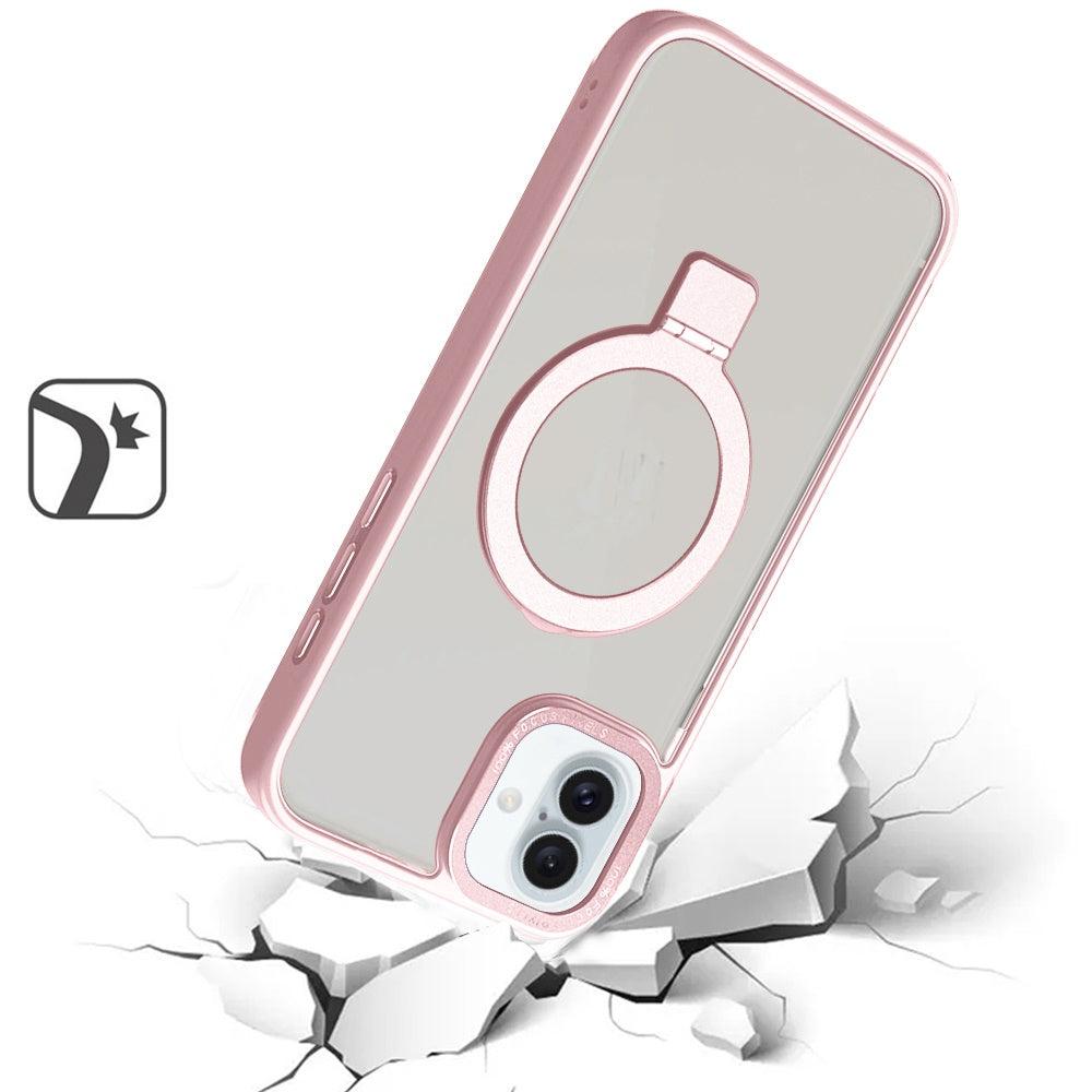 For Apple iPhone 16 Plus (6.7") Magnetic Metal Matte Built-in Compatible with MagSafe Stand Hybrid Shock Armor TPU Case Cover Pink