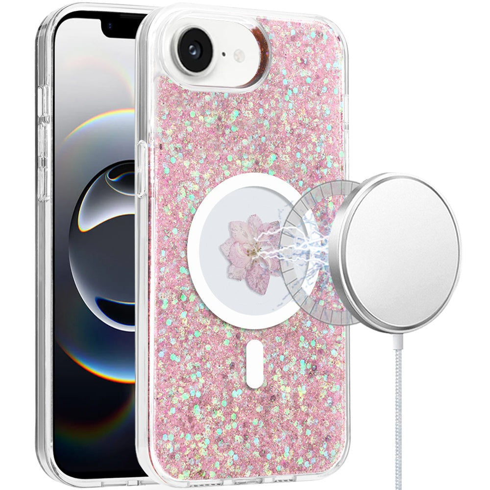 For Apple iPhone 16e MagSafe Compatible Glitter Flower Epoxy Hybrid Slim TPU Case, Magnetic Circle Design, Sparkly Bling Protective Case Cover