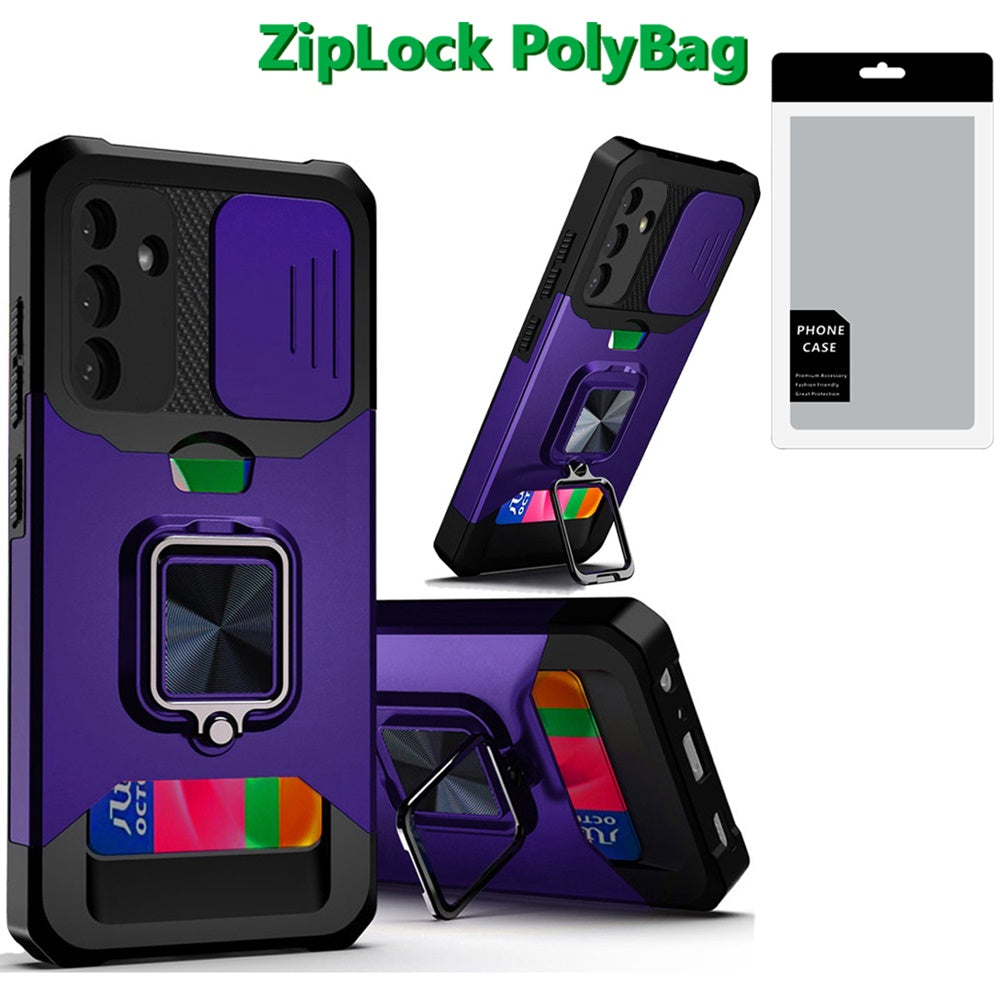 Wallet Case with Ring Stand & Slide Camera Cover Back Credit Card Slot Holder, Military Grade