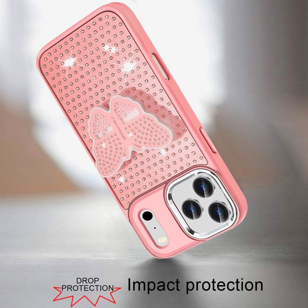 Phone Case for Apple iPhone 18 Pro Max Butterfly Grip Pop Stand Diamond Sparkle Hybrid Shockproof Metal Button Slim Protective Grip Decorative Design Cover