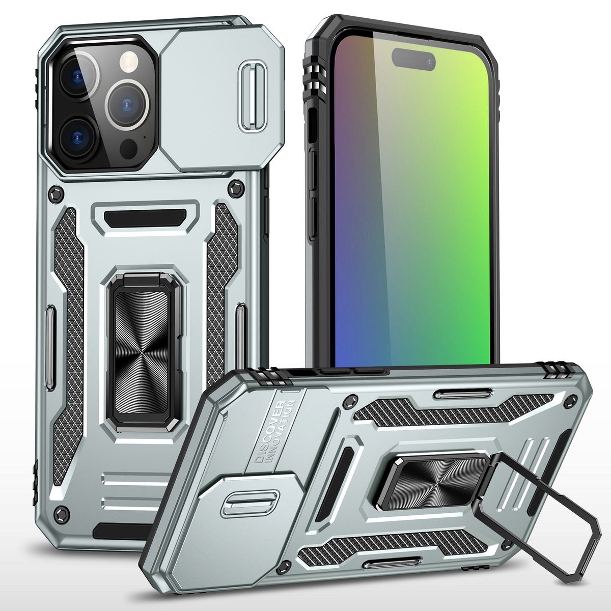 Phone Case for Apple iPhone 15 Tough Metal Ring Shockproof Sliding Camera Window Hybrid Armor Rugged Anti Slip Heavy Duty Grip Cover Gray