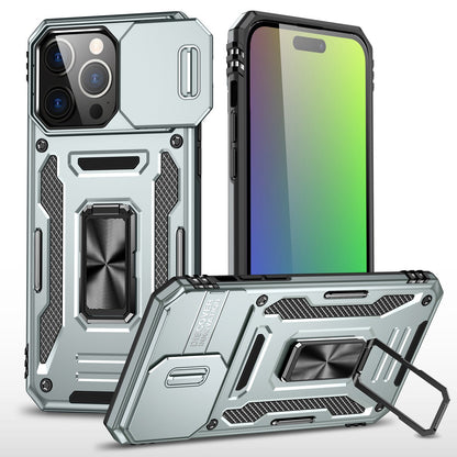 Phone Case for Apple iPhone 15 Tough Metal Ring Shockproof Sliding Camera Window Hybrid Armor Rugged Anti Slip Heavy Duty Grip Cover Gray