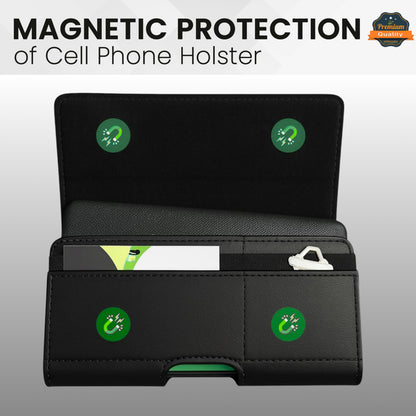 Universal Magnetic Leather Phone Pouch Case with Belt Clip, Card Slot Holder, Secure Magnetic Closure, Soft Lining Protection, Fits Most 5.2" - 5.5" Smartphones Case Cover Black