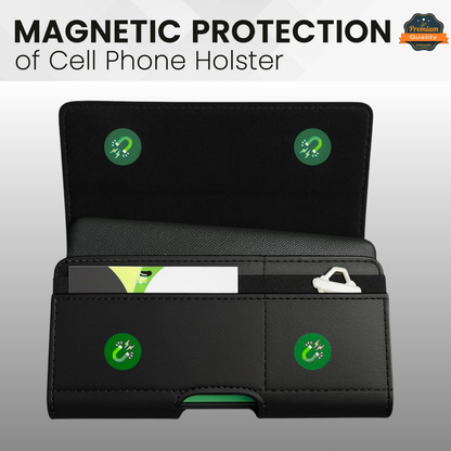 Universal Magnetic Leather Phone Pouch Case with Belt Clip, Card Slot Holder, Secure Magnetic Closure, Soft Lining Protection, Fits Most 5.7" - 6.3" Smartphones Case Cover Black