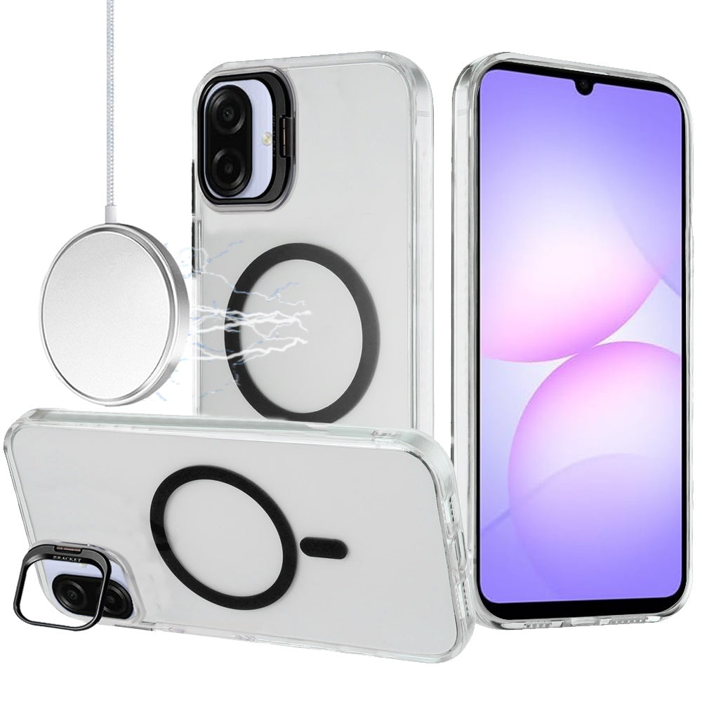 Phone Case for Samsung Galaxy A08 4G, A07 5G, A07 4G Clear Metallic Camera Stand Magnetic Hybrid TPU Shockproof Grip Camera Protection Kickstand Durable Armor Cover