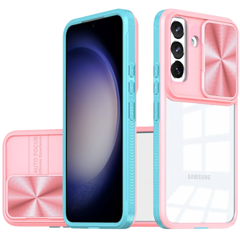 For Samsung Galaxy S24 FE Hybrid Cases with Sliding Camera Cover Transparent Shockproof Bumper TPU Protective Case Cover Pink/Blue