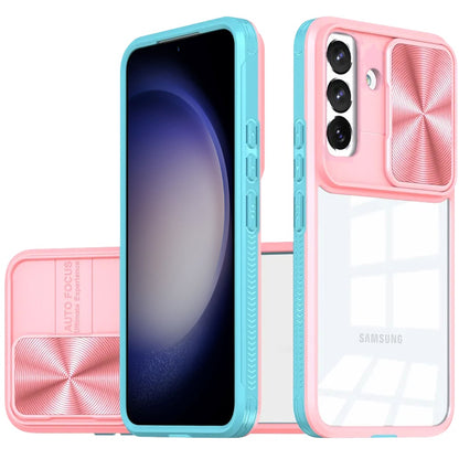 For Samsung Galaxy S24 FE Hybrid Cases with Sliding Camera Cover Transparent Shockproof Bumper TPU Protective Case Cover Pink/Blue