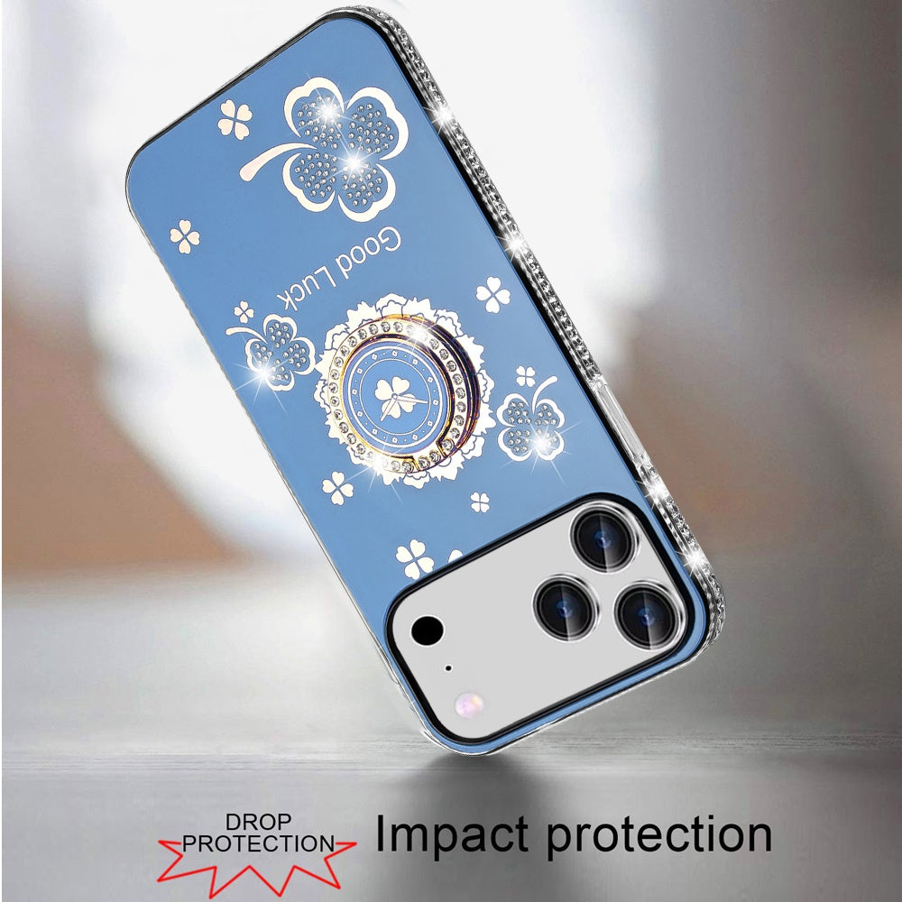 Phone Case for Apple iPhone 18 Pro Max Glitter Diamond Ring Stand Sparkle Rhinestone Edge AntiSlip Kickstand Luxury Fashion Bumper Shockproof Cover Blue